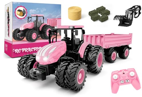 Ferngesteuertes Traktorspielzeug [2025] Kinder RC Traktor Set & LKW und Anhänger Frontlader – Metall Auto Kopf/8 Rad/Licht, Kleinkinder Bauernhof Fahrzeug Spielzeug für 3 4 5 6 7 8 9 Jahre alte