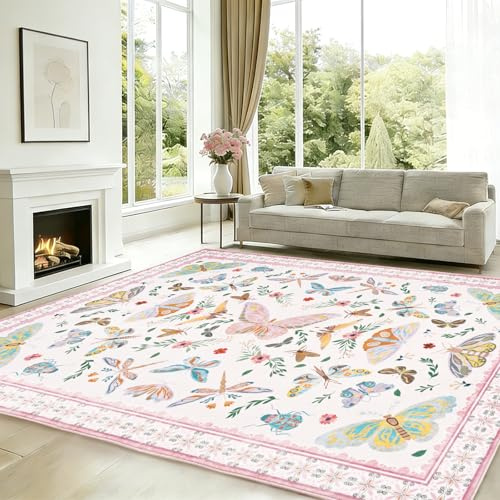 Alishomtll Rosa Vintage Teppich, Schmetterling & Insekt Teppich 200x280 cm | Rutschfest Waschbar Küchenteppich, Weich Kurzflor Flurläufer für Wohnzimmer Schlafzimmer Kinderzimmer Mädchenzimmer Eingang