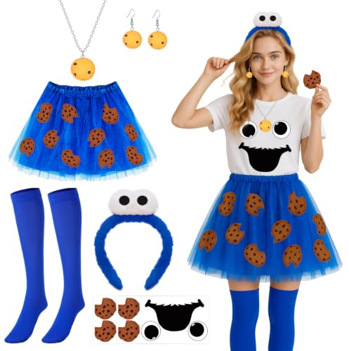 PartAwake Karneval Kostüm Damen Blaue Haarreif Tutu Rock Augen&Mund Aufkleber Cookie Ohrringe Halskette Socken für Karneval Fasching Halloween Cosplay