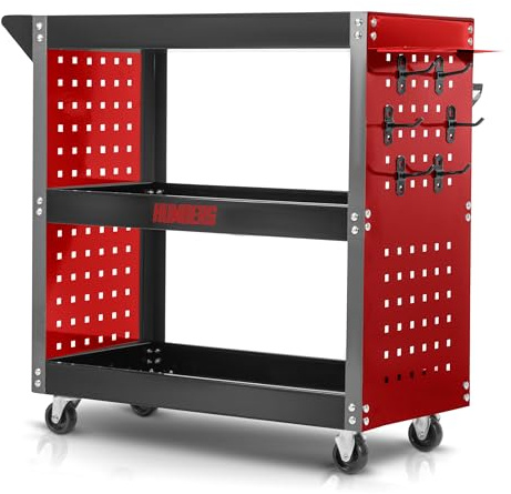 Humberg Werkstattwagen Garage Werkstatt - 3 Ebenen mit 6 Haken - Tragkraft bis zu 300 kg - Stahl und Aluminium - 80 x 35 x 73 cm