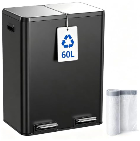 YEAUPE PRO Mülleimer Küche 60L (2x30L), Schwarzer Edelstahl Abfalleimer | 2 Fächern, Mülltrennung für Recycling & Restmüll, Soft Close, Geruchsfilter, herausnehmbare Inneneimer, inkl. 15 Müllbeutel