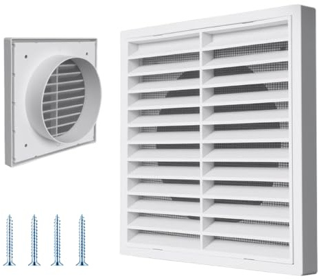 100mm White Louvred Wall Vent Grille with Flyscreen, Air Vent Cover | 4 Inch External, for Tumble Dryer, Bathroom Extractor Fan, Kitchen Garage - Durable PP Plastic Soffit Vents Exterior