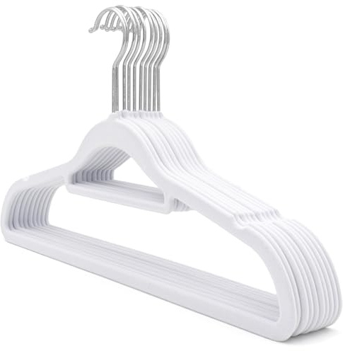 The Hanger Store - 100 Pack Velvet Non-Slip Coat Hangers for Clothes, White | Velvet Space Saving Hanger with Trouser Hanger Bar, Non-Slip Velvet Coating and a Chrome Swivel Hook