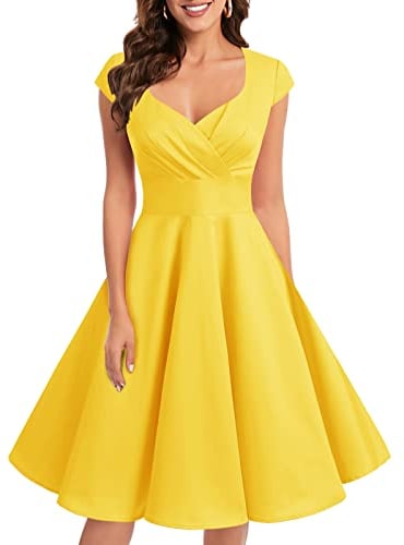 bbonlinedress Women's 50s 60s A Line Rockabilly Dress Cap Sleeve Vintage Swing Party Dress Yellow M