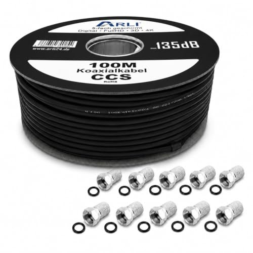ARLI 100m Koaxialkabel schwarz max. 135 dB + 10x F-Stecker 5-fach geschirmt Sat Antennenkabel TV Kabel Koax Kabel 75 Ohm DVB-S2 DVB-T2 DVB-C2 BK-Anlagen Satkabel UHD Full HD 4K