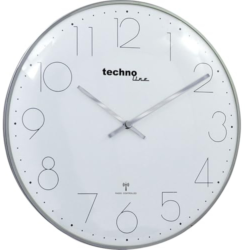 Technoline Moderne, Filigrane Funkwanduhr mit gewölbter Glasabdeckung und einem sehr übersichtlichen Ziffernblatt, Ø 40 cm, Chrom - Optik