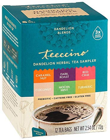 Teeccino Dandelion Tea Sampler - 12 Tea Bags - Caramel Nut, Coconut, Dark Roast, Mocha Mint, Red Chai, Turmeric - Caffeine-Free, Roasted Herbal Tea with Prebiotics, Gluten-Free
