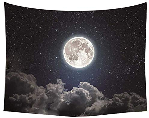 Mond Sterne Wandteppich - Weltraum Galaxy Universum Sternenhimmel und Weiße Wolke - Dunkelblau Psychedelic Art Decor für Wohnheim Schlafzimmer (150X170cm)