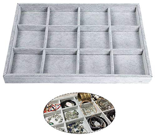 DECARETA Schmucktablett Samte Schmuckkästchen Schmuck Organizer Grau Schmuckaufbewahrung Tablett 12 Schmucklade Schmuckdisplay Schubladeneinsatz für Armband Kette Uhr Ohrring Ring Schmuck