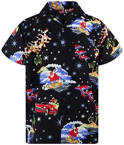 King Kameha Funky-Hawaii-Hemd, Weihnachten, Herren, Kurzarm, Christmas-Surf-Santa, Schwarz, XL