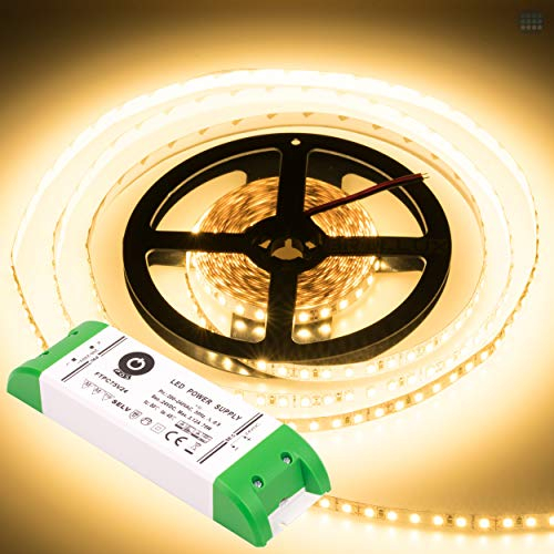 Brollux Profi LED Stripes, 6000 Lumen, Warm Weiß, 24V, 600 LEDs, 5m Stripe, Band, Streifen, LED Leiste, LED Lichtleiste, LED Bänder, selbstklebend, hell, stark, dimmbar