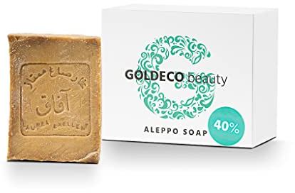 GOLDECO Aleppo Seife, 200 g – 60% Olivenöl 40% Lorbeeröl, Original Aleppo Haarseife, Olivenölseife, Naturseife, traditionelle Handarbeit, Vegan … (1x200g mit Verpackung)