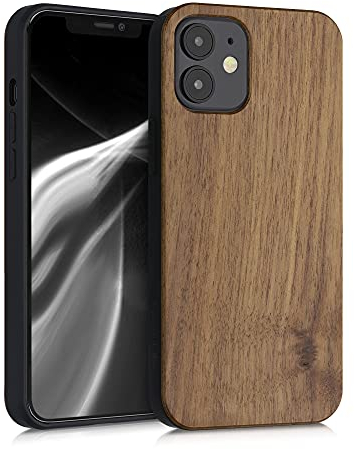 kwmobile Real Wood Case Compatible with Apple iPhone 12 mini Case - Hard Wooden Cover w/TPU Bumper - Dark Brown