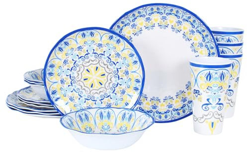 DAPOTO Melamine Dinnerware Set for 4-16 Pcs:Camping Dishes Set with Dinner Plates,Salad Plates, Bowls and Cups.Lightweight and Unbreakable.Indoor and Outdoor Use.