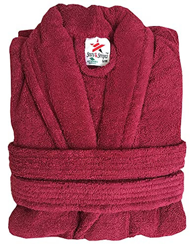 Stars and Stripes Organic Ecological Sustainable Burgundy Maroon Cotton Terry Towel Plain Bathrobe (S/M)