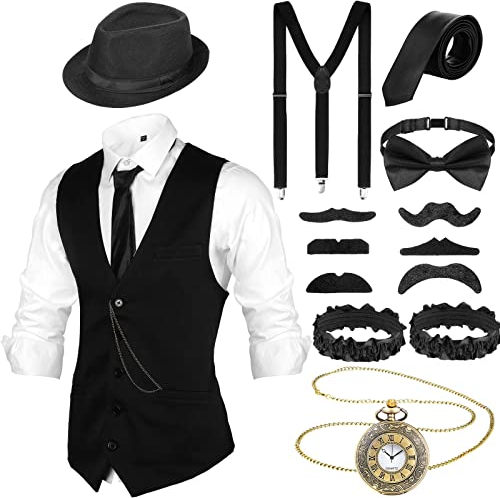Blulu 1920er Jahre Herren Accessoires mit Weste Fedora Hut Taschenuhr Hosenträger Krawatte (Schwarz, XL)