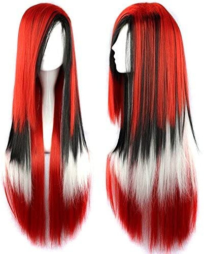 IMISSU Langes lockiges Naturhaar Cosplay Perücke mit buntem Pony Halloween Kostüm Party Perücken für Frauen (Rot Schwarz Weiß)