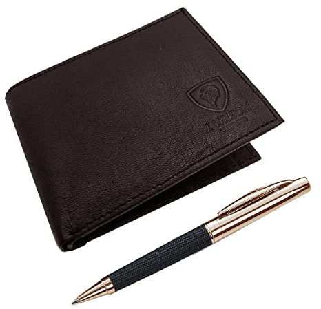 J. Wilson London Herren-Designer-Geldbörse und Kugelschreiber aus echtem Leder, in Geschenkbox, braun, M, Zeitgenössisch