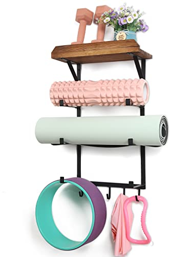 DOCMON Yogamattenhalter, Wandhalterung, Yogamatten-Rack, Heim-Fitness-Zubehör, Aufbewahrung für Schaumstoffrolle, mit schwebenden Holzregalen und 5 Haken zum Aufhängen von Yoga-Gurt und