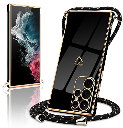 Micoden Handykette kompatibel mit Samsung Galaxy S22 Ultra 5G hülle Ultra dünn Kameraschutz Herz Love Design Galvanik TPU Silikon Bumper Kordel zum Umhängen Handyhülle mit Band Schutzhülle,Schwarz