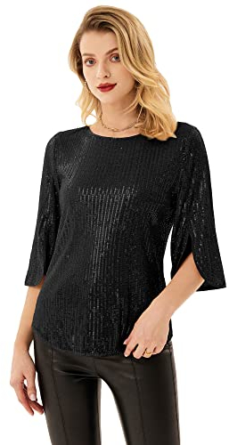 Damen Pailletten Oberteile Langarm Rundkragen Loose Fit Casual Shirt M Schwarz CL1777A22-01