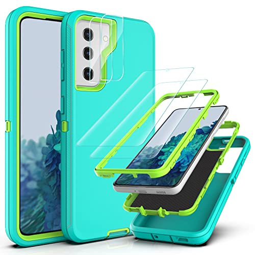 YmhxcY Coque pour Galaxy S21 avec Samsung S21 avec 2 Protection écran et 2 Protection Camera Photo 3 en 1 Protection Intégrale Étui pour Samsung Galaxy S21-Aqua Blue/Lime Green