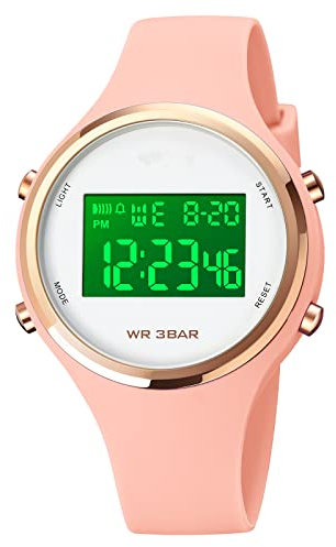 Forrader Montre numérique pour femme - Étanche - Avec bracelet en silicone - Chronomètre - Réveil - Calendrier - LED - Multifonction, Rose (1720), Sangle