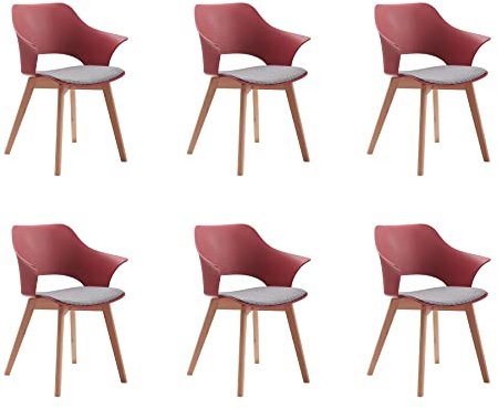 GrandCA HOME 6er-Set Nordischen Küchenstühlen, Esszimmerstuhl mit Massivholzbeinen, Gepolsterte Stühle für Schlafzimmer, Wohnzimmer, Küche, Rot