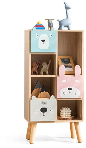 GYMAX Kids Storage Shelf Unit, Wooden Children Cabinet with 1/3 Drawers and 2/4 Cubes, Toddler Toy Storage Organizer for Nursery Playroom (4 Cubes + 3 Drawers)