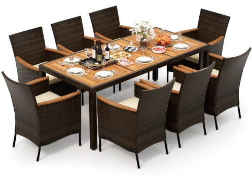 COSTWAY Conjunto Jardin Exterior 9 Piezas, Muebles Jardin Exterior de Acacia y Ratán, Mesa Rectangular y 8 Sillas Jardin con Cojines Extraíbles, Comedores Patio, Jardín y Piscina (Negro, 9)