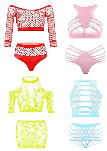 Damen Fischnetz Bodys Dessous Nachtwäsche Spitze Strümpfe Blumen für Romantische Datum Tragen Reizwäsche (4Pack)