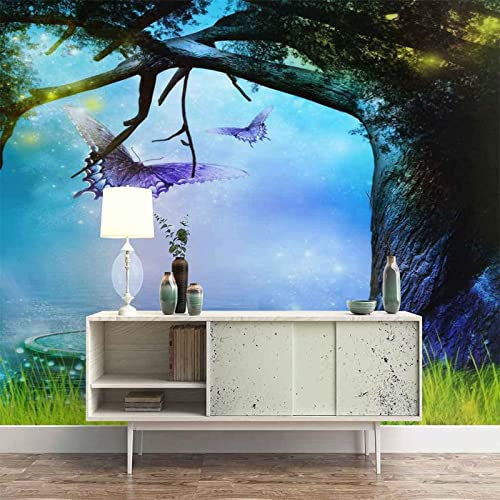 Papier Peint Panoramique Grand Arbre Papillon Bleu Moderne Papier Peint 3D Intissé Décoration Murale