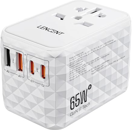 LENCENT 65W Adaptateur Voyage Universel Prise avec 2 USB et 3 USB-C Adaptateur Prise électrique Charge Rapide International vers UK AU USA Canada Italie Australie Chine Japon Thaïlande Blanc