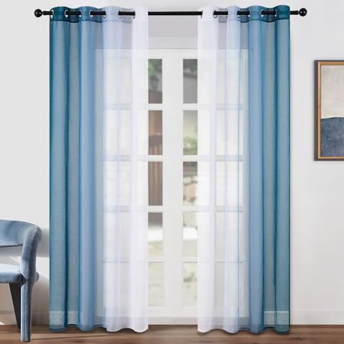 Topfinel Gardinen Türkis Farbverlauf Vorhänge Fenster Vorhang Transparent mit Ösen Ösenvorhang 2er Set 245 cm Hoch Gardine Schlaufenschal 140 cm Breit Deko für Modern Wohnzimmer Schlafzimmer