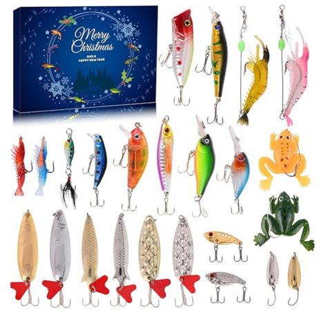 Adventskalender Angeln Weihnachten Countdown 24 Tage Angelköder Set für Fischer Teen Weihnachten Adventskalender Angeln Adventskalender 2024 Geschenk für Weihnachten, Ehemann, Freund
