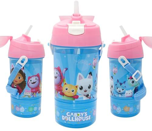 Gabby's Dollhouse Snack & Sip Water Bottle & Snack Pot – Reusable Kids 400ml PP Canteen with Straw – Official Merchandise by Polar Gear – BPA Free & Recyclable - School Nursery Sports Picnic