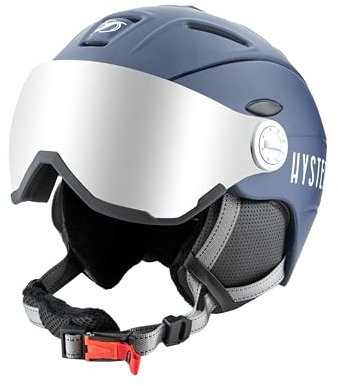 HYSTERESIS Casco H-Shock con visiera Casco da sci e snowboard con visiera | Colore: blu | Lente argento effetto specchio | Taglia: M | Misura testa: 55-58 cm | 100% anti-appannamento e protezione