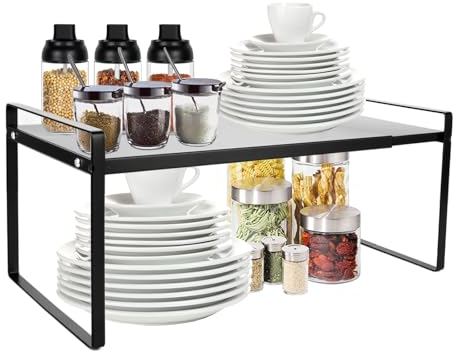 WOPPLXY Erweiterbarer Küchenschrank Organizer, 36-60 x 21 x 18 cm Verstellbarer Küchenregal Arbeitsplatte, Schwarz Metall Regaleinsatz für Küche Theken, Speisekammer und Badezimmer