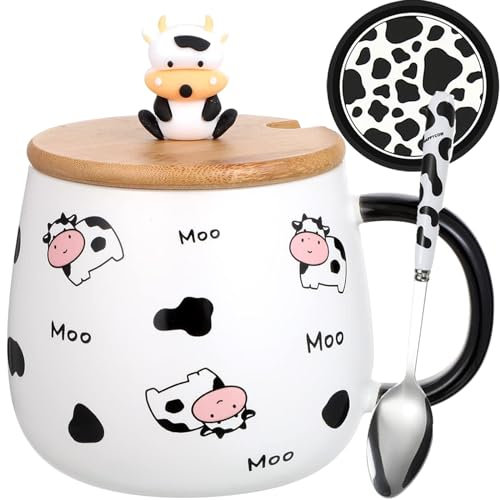 Disoza Kuh Tasse mit Deckel Cow Mug 420ml Kaffee Tasse Kuh Geschenk Keramik Teetasse mit Löffel & Untersetzer Tee Kaffee Weihnachten Becher Geburtstagsgeschenk für Frau Freundin Kinder
