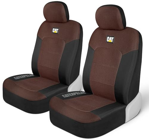 CAT Caterpillar MeshFlex Automotive Sitzbezüge für PKW LKW und SUV (2er-Set) - Schwarz/Braun Autositzbezüge für Vordersitze, LKW-Sitzschoner mit bequemer Netzrückseite, Auto-Innenbezüge