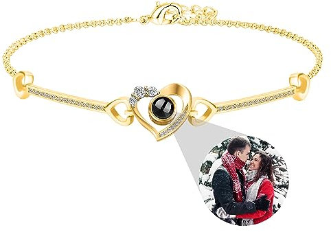 XXTONE Bracciale personalizzato con immagine all'interno Bracciale fotografico a forma di cuore Personalizzato Foto Proiezione braccialetto Compleanno Christma Regalo per Donna Mamma (oro)