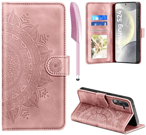 EASDNB Lederhülle für Samsung Galaxy S24 5G Hülle, Handyhülle für Galaxy S24 Flip Wallet PU Leder Case [Kartenfach] [Magnet] [Standfunktion] Prägung Klapphülle Schutzhülle für Samsung S24, Rosa