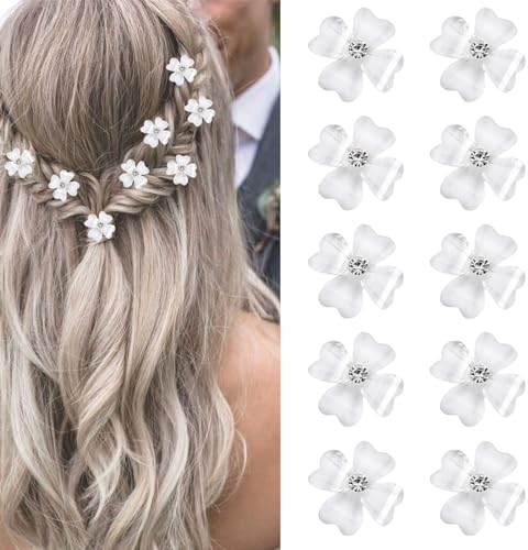 Mezrkuwr 10 mini horquillas para el pelo con flores blancas y diamantes de imitación, pinzas decorativas para el pelo de boda, accesorios para el pelo de novia