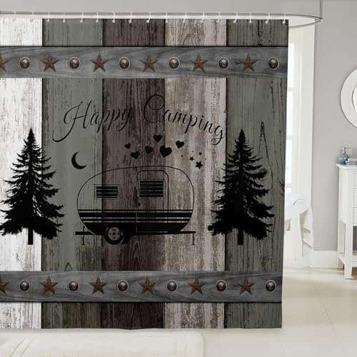 Cortina de Ducha Cámping, Cortina Ducha 180x180 cm Furgoneta Camper Vintage de Madera Cortina Baño Tela Impermeable Antimoho con 12 Ganchos A-3042