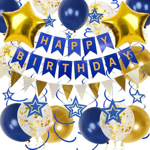Geburtstagsdeko, Marineblau Happy Birthday Girlande, Hängend Stern und Hängend Wirbel Streamer, Gold Stern Luftballons, Wimpelkette Banner, Geburtstagsdeko für Männer Jungen