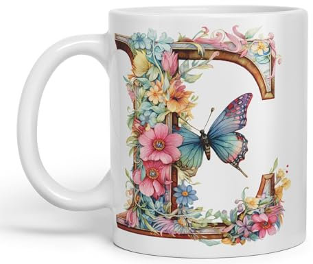 Vixar Letter E Mug, Floral Flowers Butterfly Alphabet Letter E Monogram Watercolour Ceramic Coloured Mug Cup for Tea Coffee Hot Brew 330ml 11Oz Gift (White)