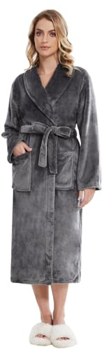 Knuffnee Fluffy Robes for Women Soft Fleece Dressing Gown Winter Warm Long Bathrobe Grey S