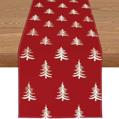 YCOLL Tischläufer Weihnachten Wasserabweisender Tischläufer in Rot, Modernes Weihnachtstischläufer Winter Weihnachtsdeko für Esstisch, Küche & Outdoor Deko