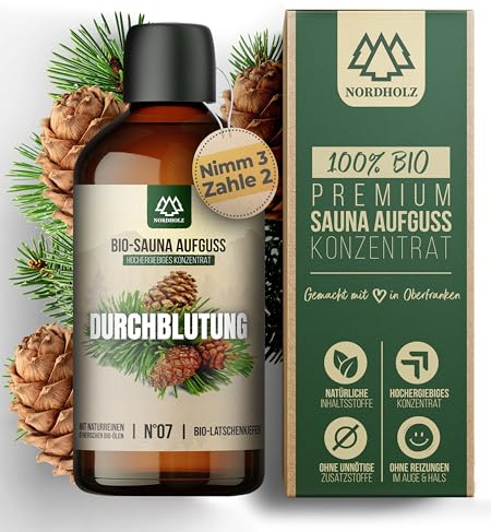 NORDHOLZ® Saunaaufguss BIO #7 Durchblutung intensiv & authentisch [100% Naturreine Bio Öle] Sauna Aufguss Konzentrat mit Latschenkiefer - Manufaktur aus Bayern