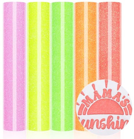 TECKWRAP Neon Glitter Puff HTV 3D Puff Glitter Heat Transfer Vinyl 12 x 10 5 Sheets/Pack for DIY Clothing,T-Shirts,Fabric Neon Glitter Puffy Iron on Vinyl Compatible with Heat Press Craft Cutters